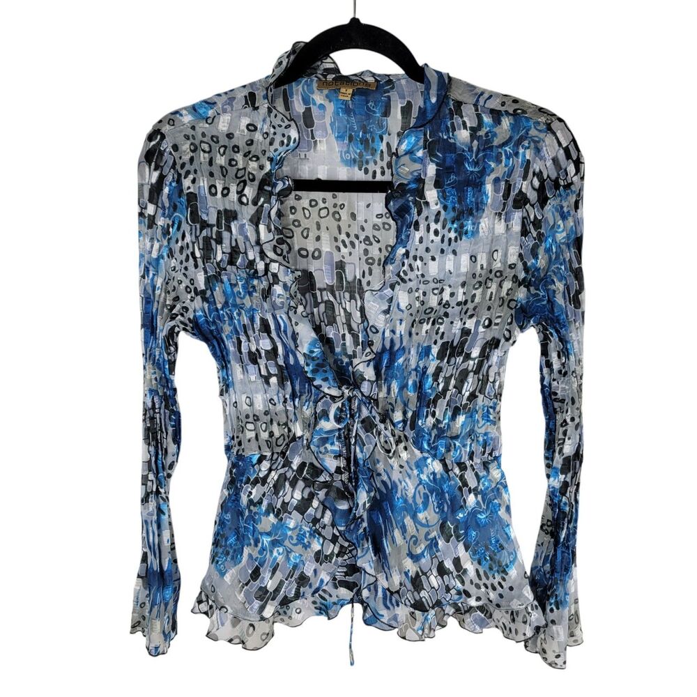 Notations Womens Sz S Blue Gray Geometric Long Sleeve V-Neck Blouse